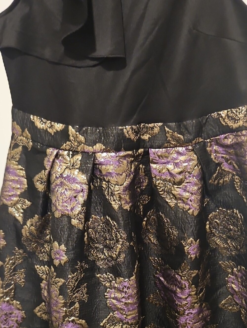 Womens Black, Purple and Gold Floral Party Dress with Ruffle Neck - Picture 3 of 6